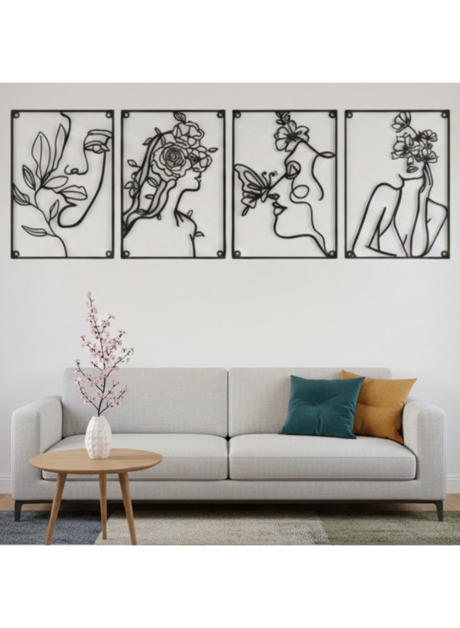 4 Pieces Black Metal Wall Art Set Minimalist Abstract Woman Face Line Art with Flowers Wall Decor for Bedroom Bathroom Living Room Kitchen Office Reception Lounge Hallway Modern Contemporary Elegant Chic Rust Resistant Hanging Sculpture Home Wall Decoration Indoor Outdoor Minimalist Line Art Metal Wall Hanging Artistic Floral Sculpture for Modern Home Office Cafe Hotel Bedroom Bathroom Kitchen Living Room Interior Decor 43x30cm Premium Quality Durable Stylish Wall Ornament Trendy Abstract Metal Art Decoration Set - Image 1